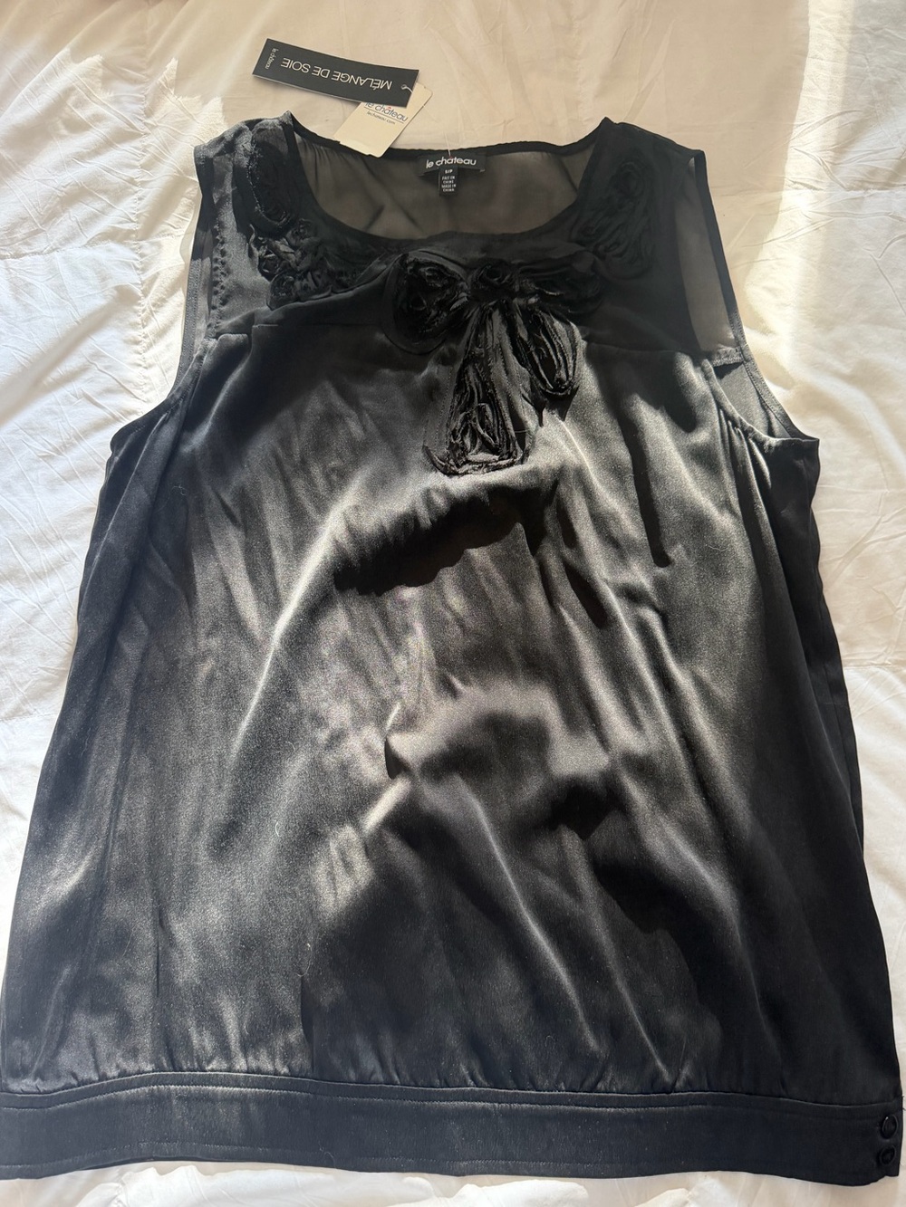 NWT le chateau Black Silk Bow-Accent Babydoll Bubble Blouse